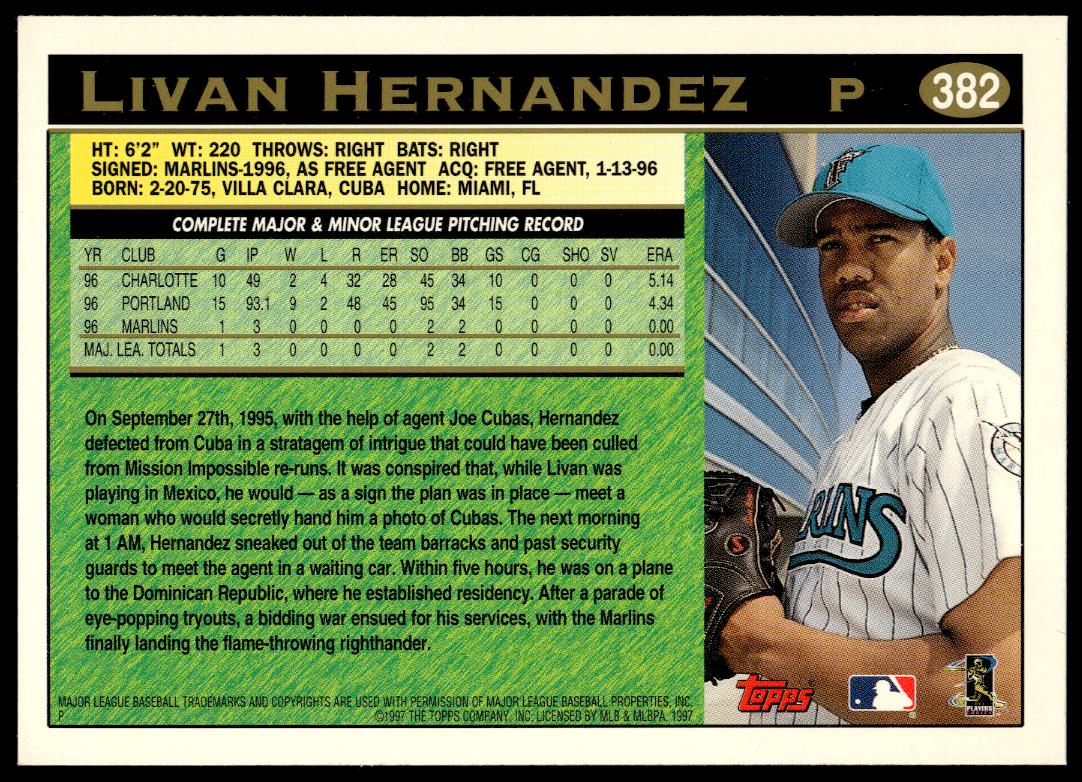 1997 Topps Series 2 Livan Hernandez #382 (Back)