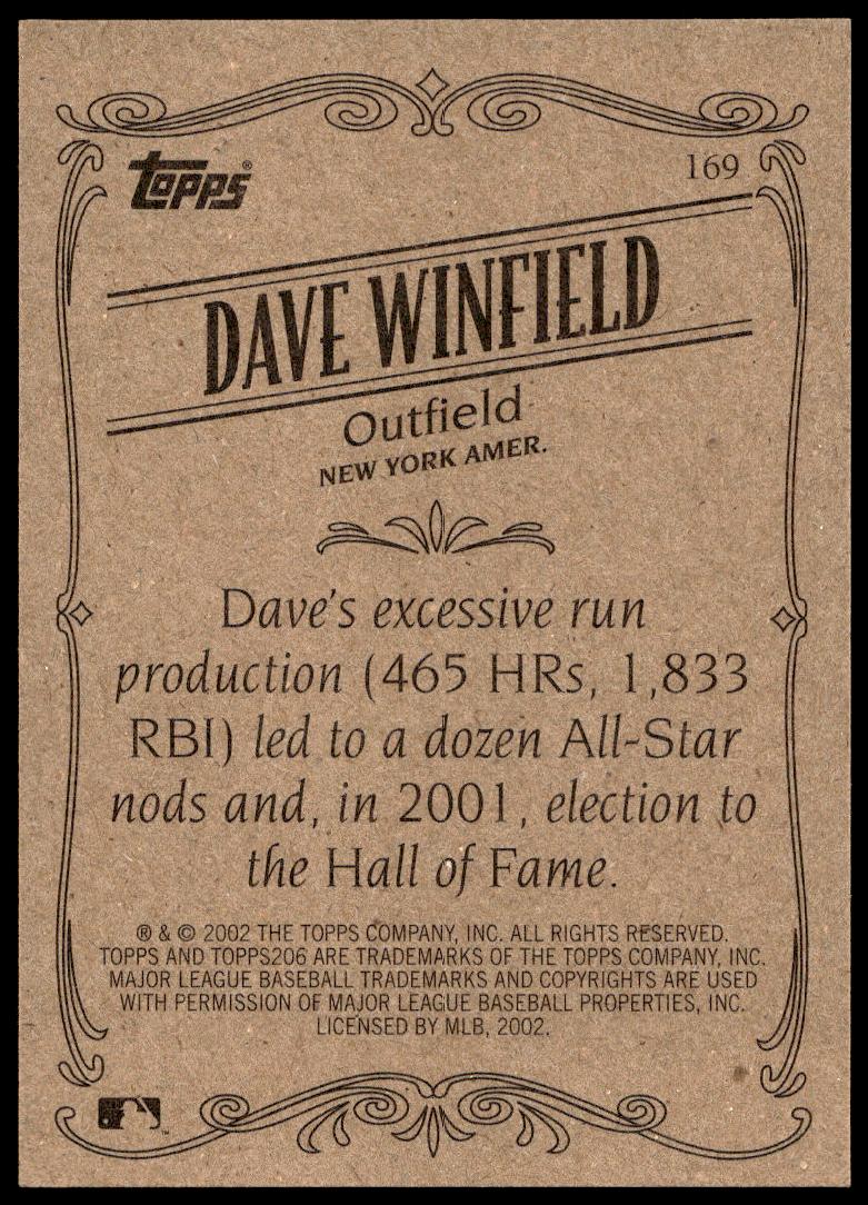 2002 Topps 206 Dave Winfield #169 (Back)