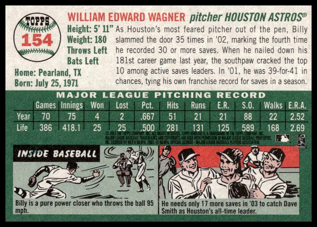 2003 Topps Heritage Billy Wagner #154 (Back)