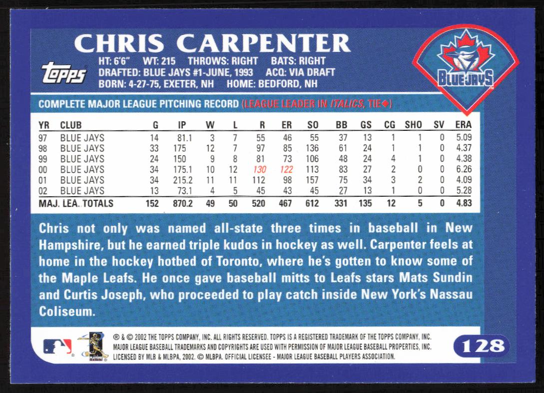 2003 Topps Series 1 Chris Carpenter #128 (Back)