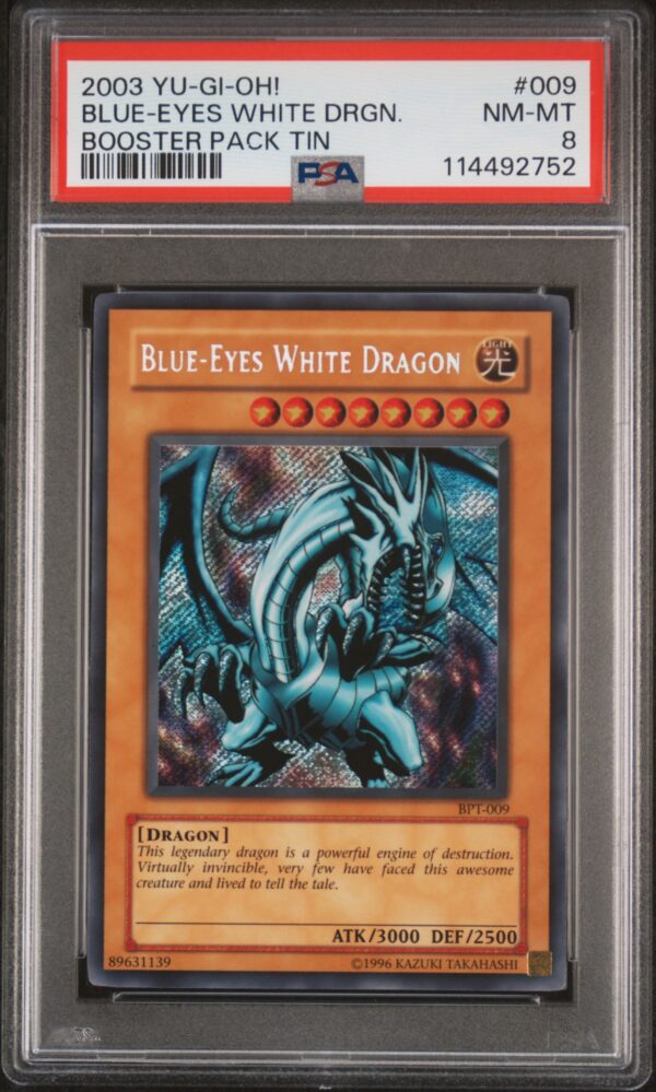 2003 Blue-Eyes White Dragon card, PSA 8, in collector tin, Yu-Gi-Oh! #BPT-009.