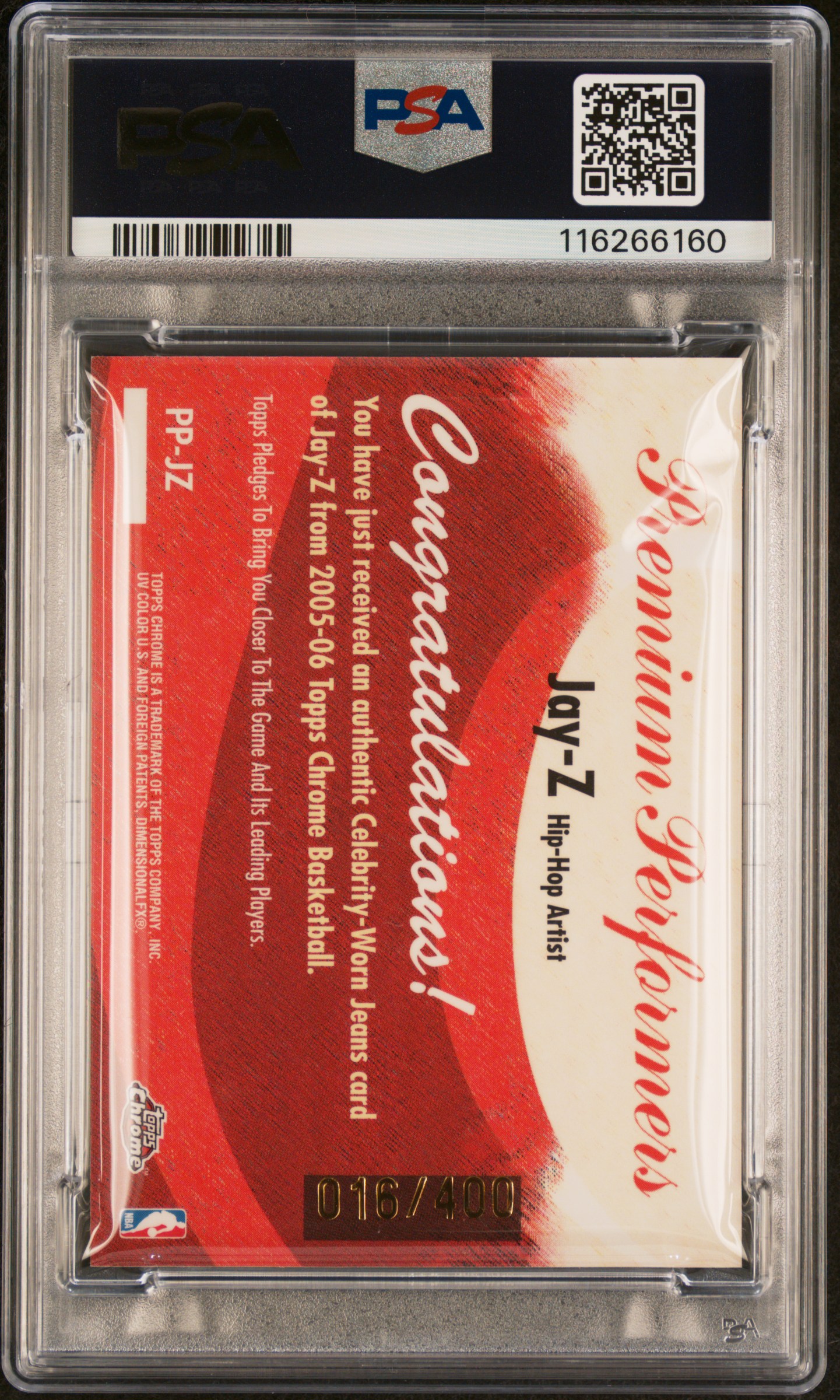 Jay-Z 2005 Topps Chrome card #PP-JZ, PSA 8, back view, limited edition.