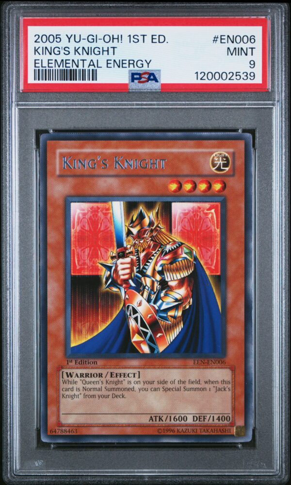 2005 Yu-Gi-Oh! Elemental Energy Kings Knight card, PSA 9, 1st Edition front view.