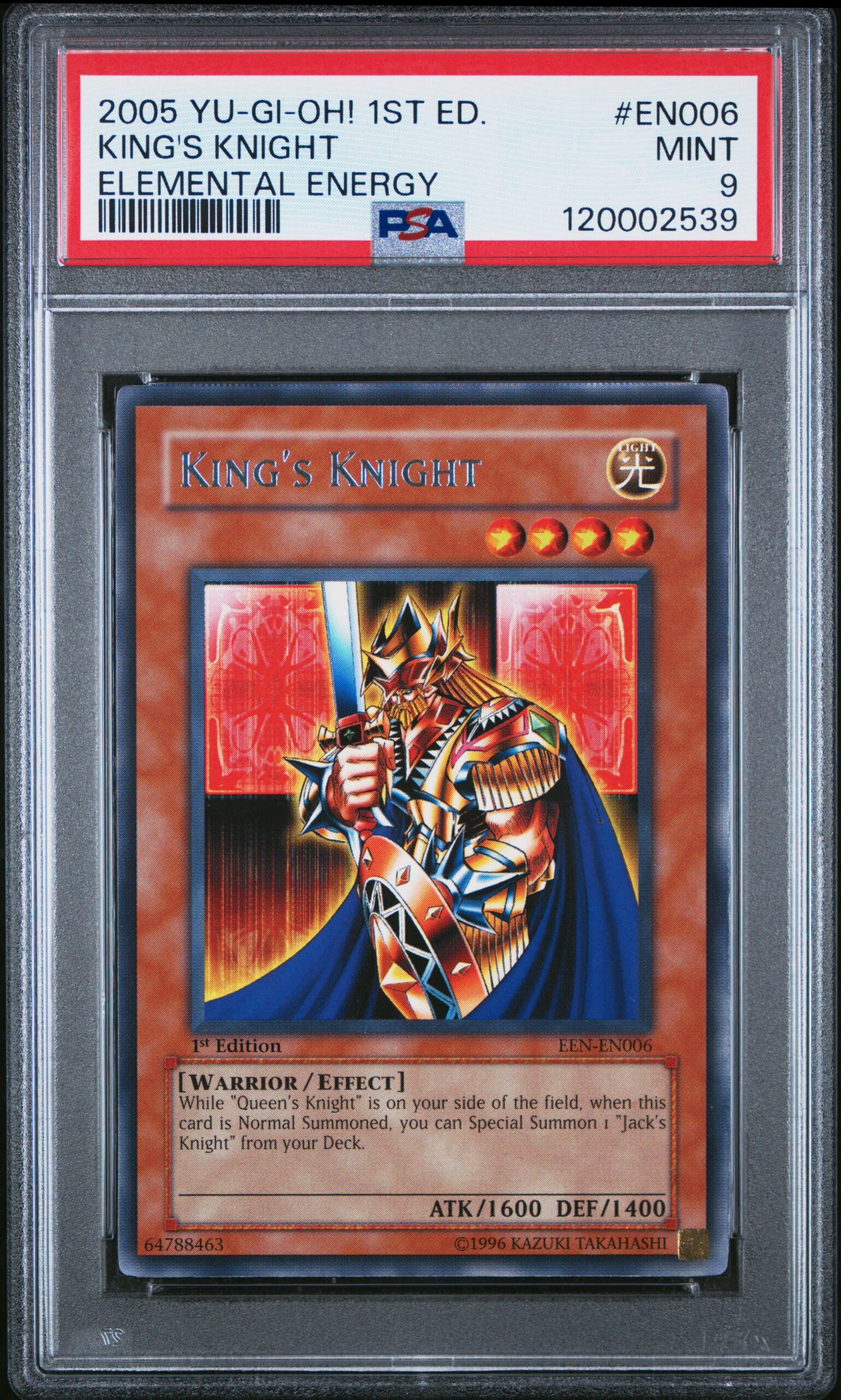 2005 Yu-Gi-Oh! Elemental Energy Kings Knight card, PSA 9, 1st Edition front view.