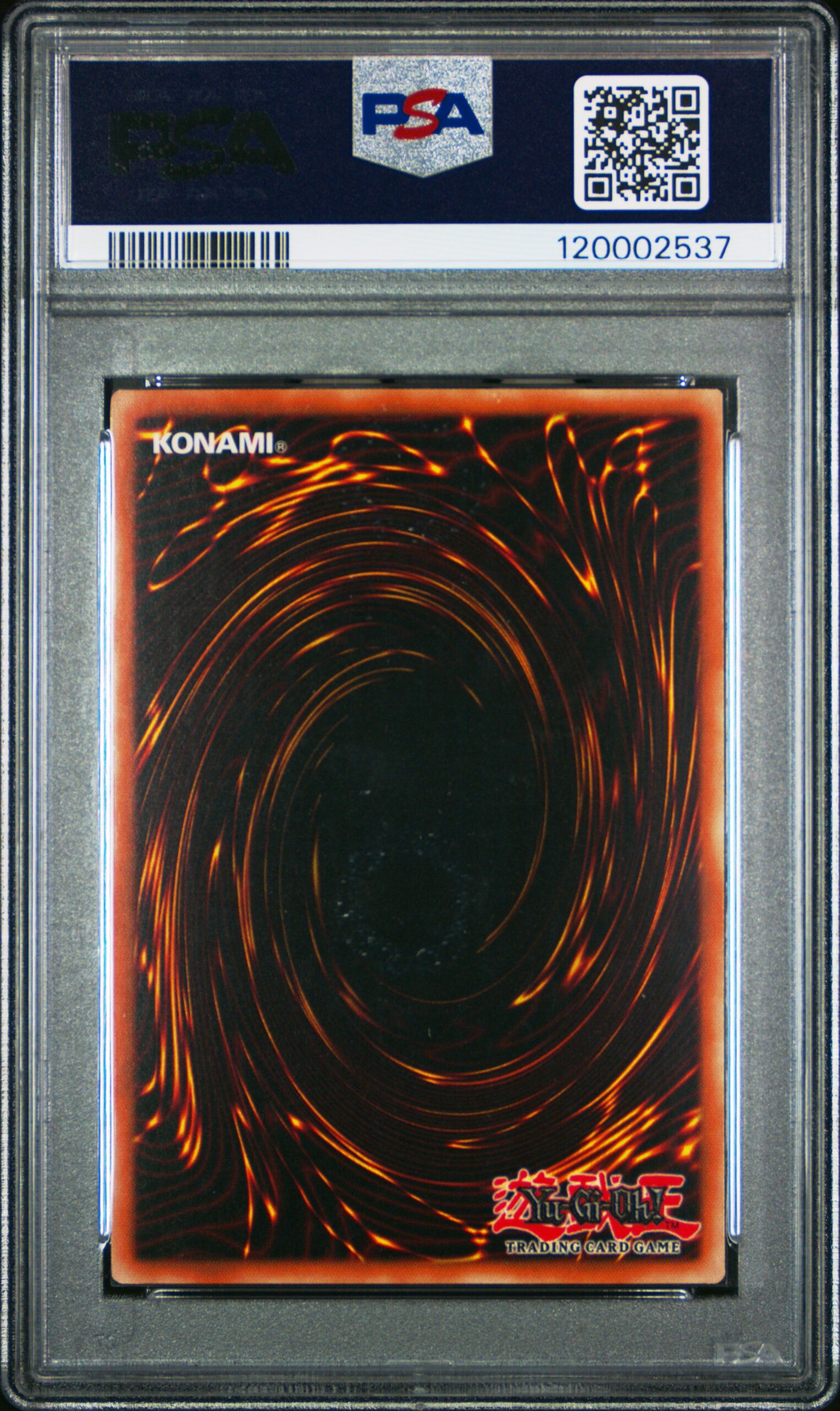 Back of 2005 Yu-Gi-Oh! Elemental Energy Kings Knight PSA 10 card with signature swirl design.