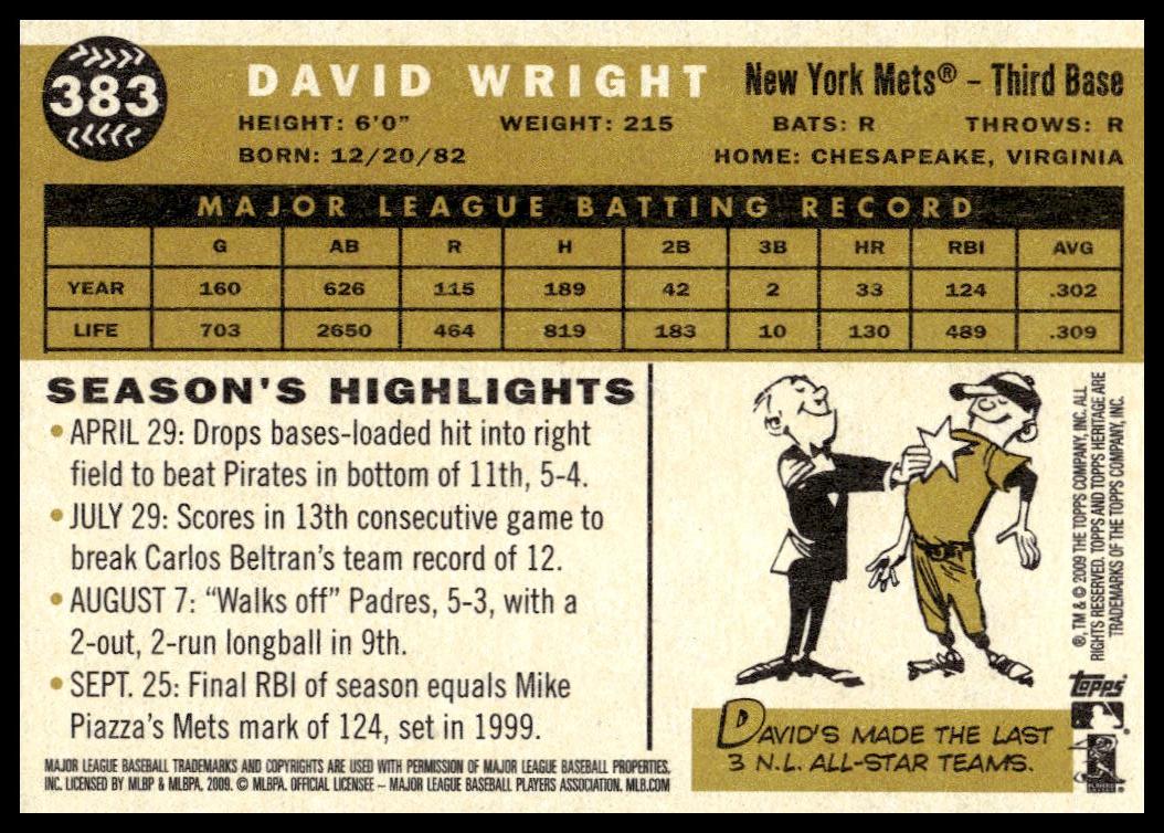 2009 Topps Heritage David Wright #383 (Back)