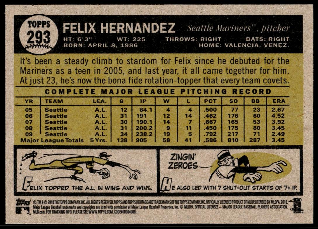 2010 Topps Heritage Felix Hernandez #293 (Back)