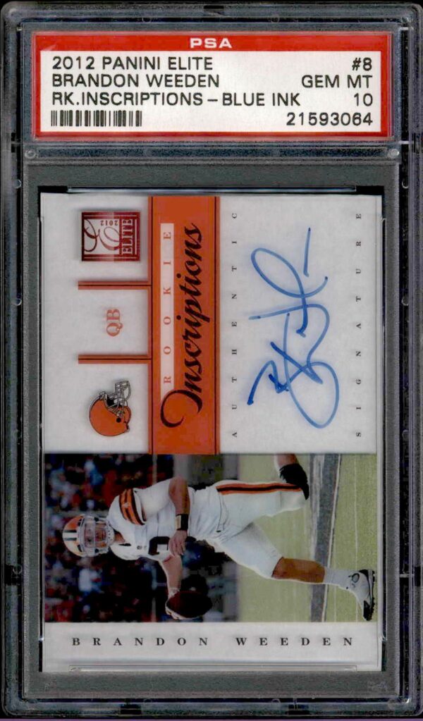 Brandon Weeden 2012 Rookie Card, Autographed, PSA 10, Blue Ink Signature, Front View.