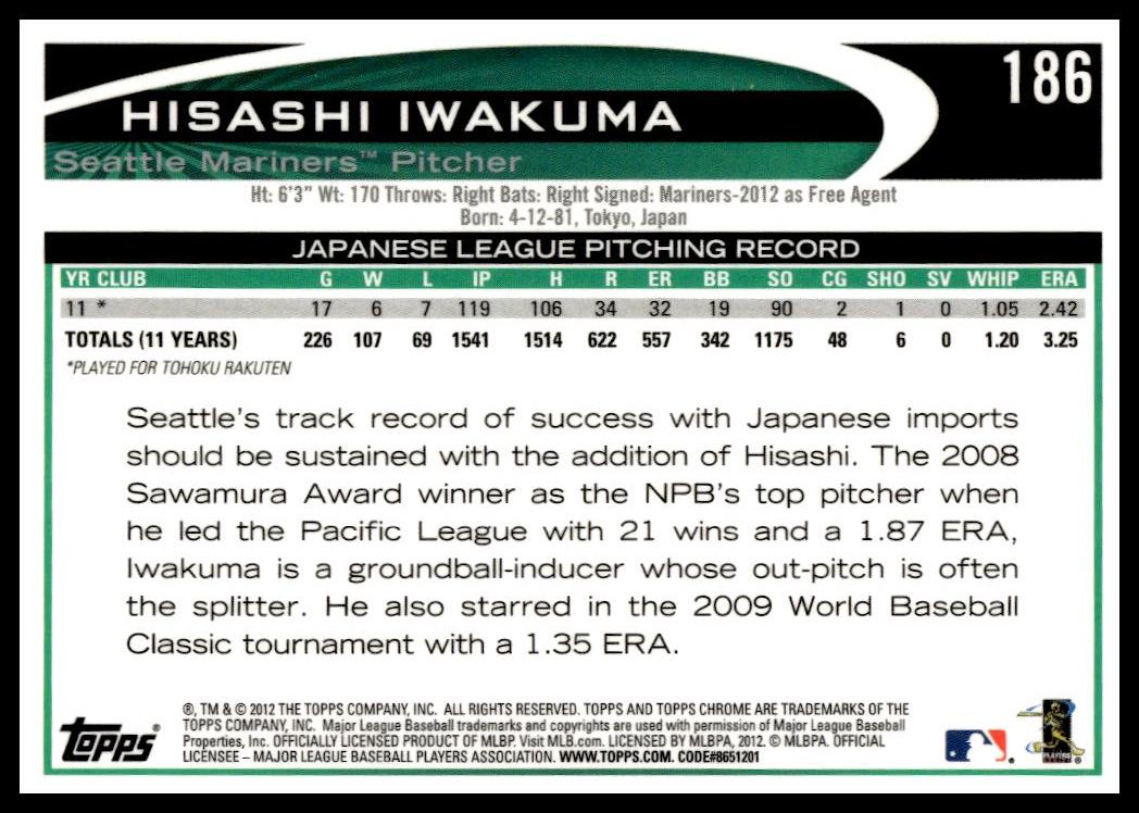 2012 Topps Chrome Hisashi Iwakuma #186 (Back)