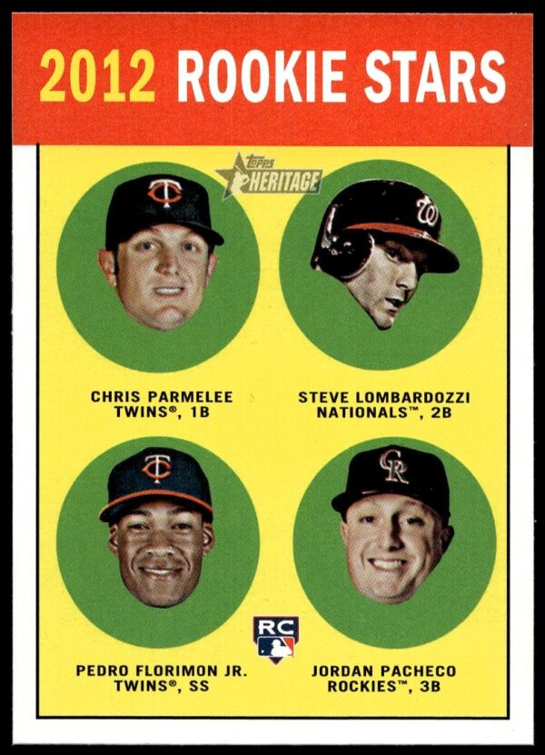 2012 Topps Heritage Chris Parmelee / Steve Lombardozzi / Pedro Florimon / Jordan Pacheco #135 (Front)