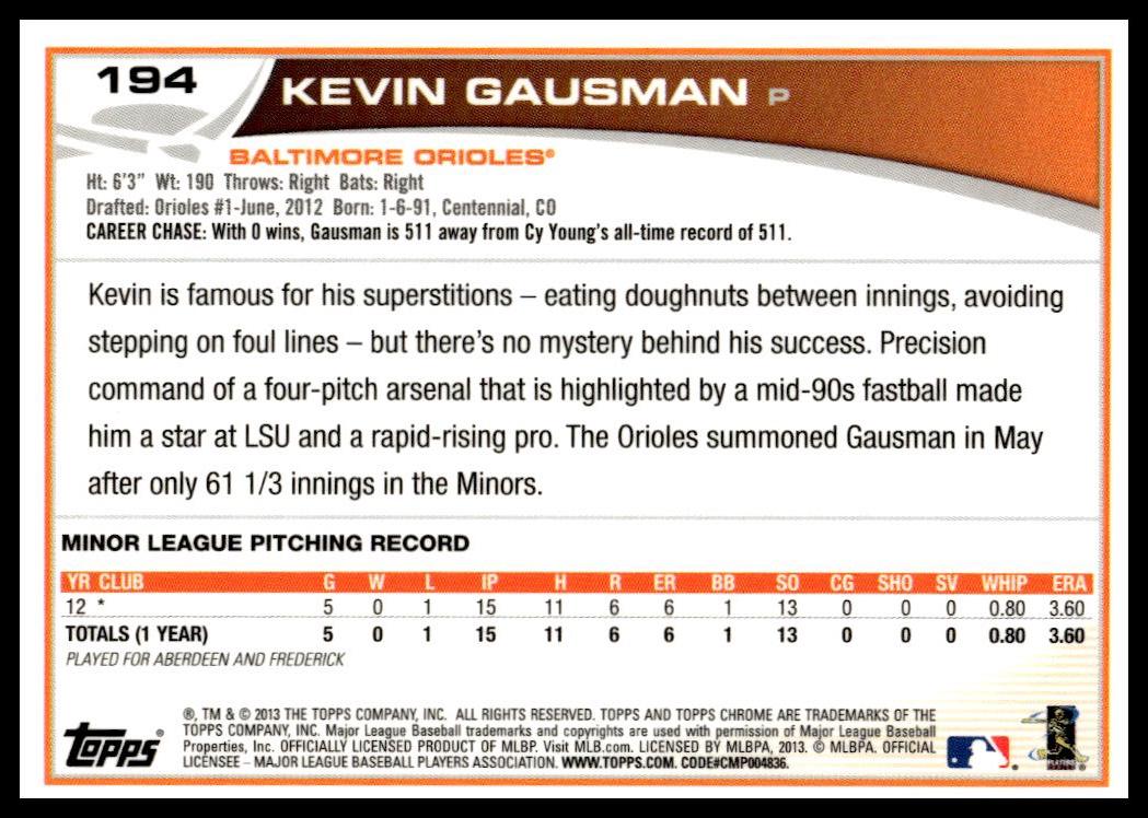 2013 Topps Chrome Kevin Gausman #194 (Back)