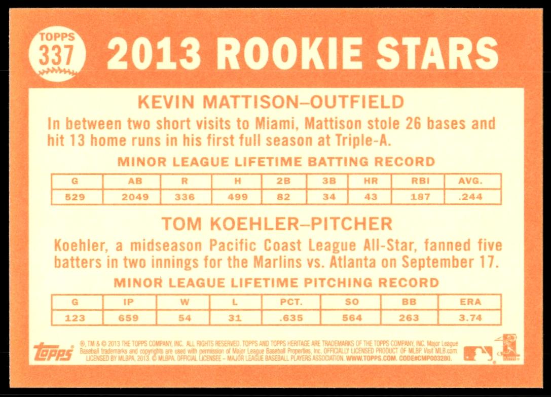 2013 Topps Heritage Kevin Mattison / Tom Koehler #337 (Back)