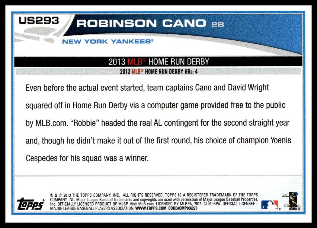 2013 Topps Update Robinson Cano #US293 (Back)