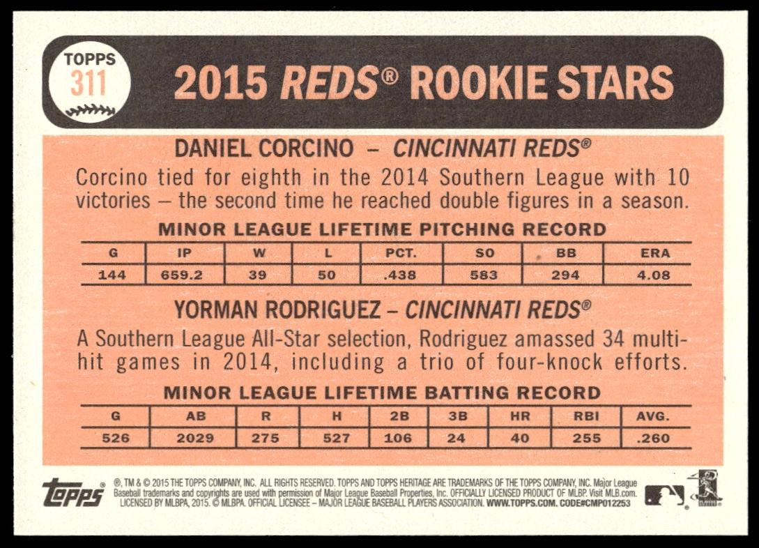 2015 Topps Heritage Daniel Corcino / Yorman Rodriguez #311 (Back)