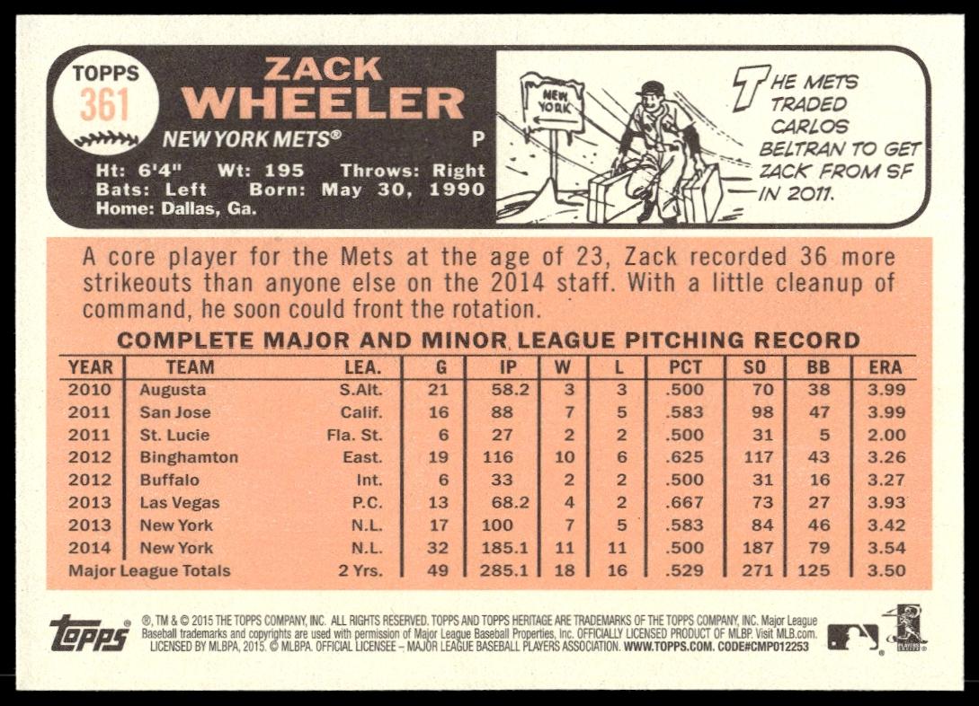 2015 Topps Heritage Zack Wheeler #361 (Back)