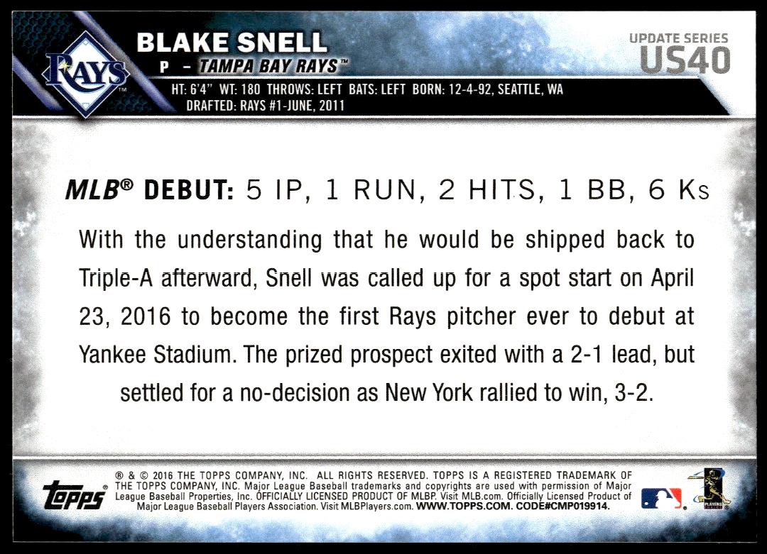 2016 Topps Update Blake Snell #US40 (Back)