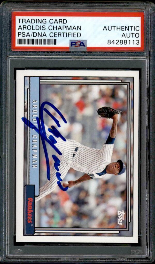 2017 Topps Archives Aroldis Chapman Signed Card #289, PSA Authentic, Front View.