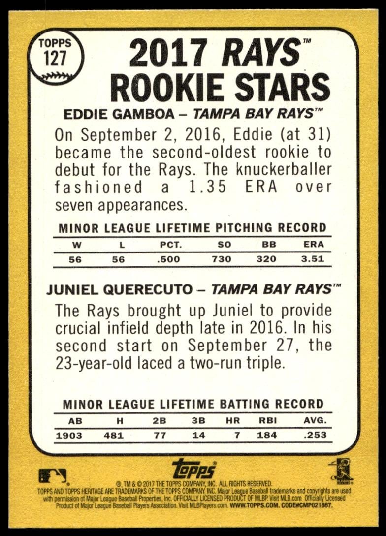 2017 Topps Heritage Juniel Querecuto / Eddie Gamboa #127 (Back)