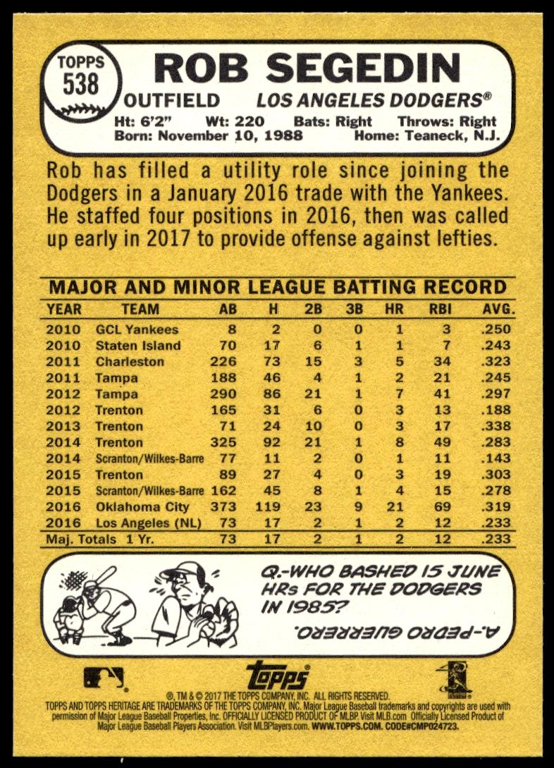 2017 Topps Heritage Rob Segedin #538 (Back)