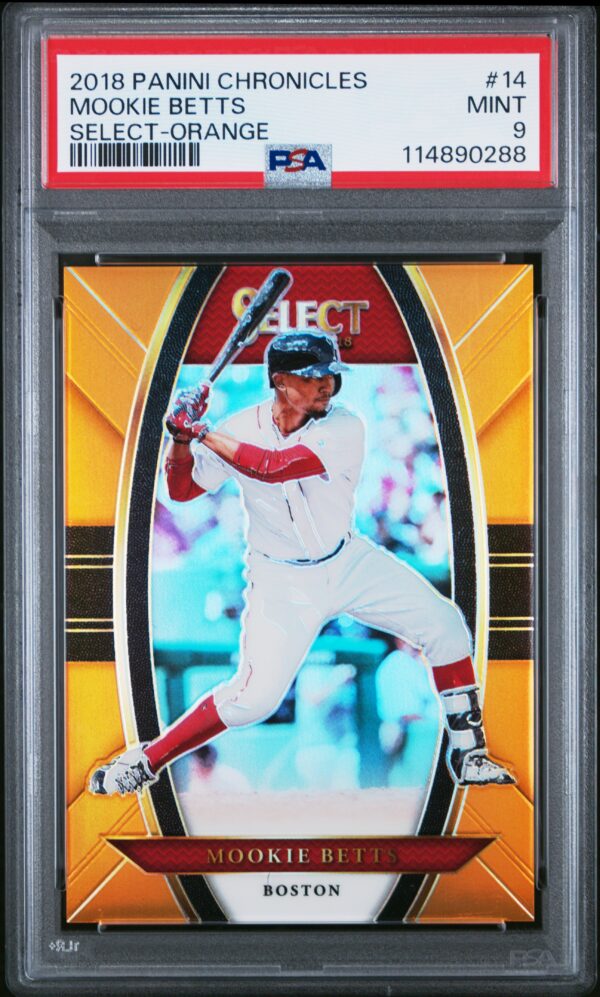 Mookie Betts 2018 Panini Chronicles Select Card, Orange, PSA 9, Limited Edition #14/199.