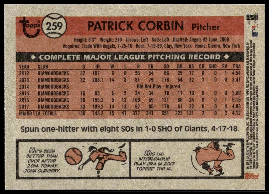 2018 Topps Archives Patrick Corbin #259 (Back)