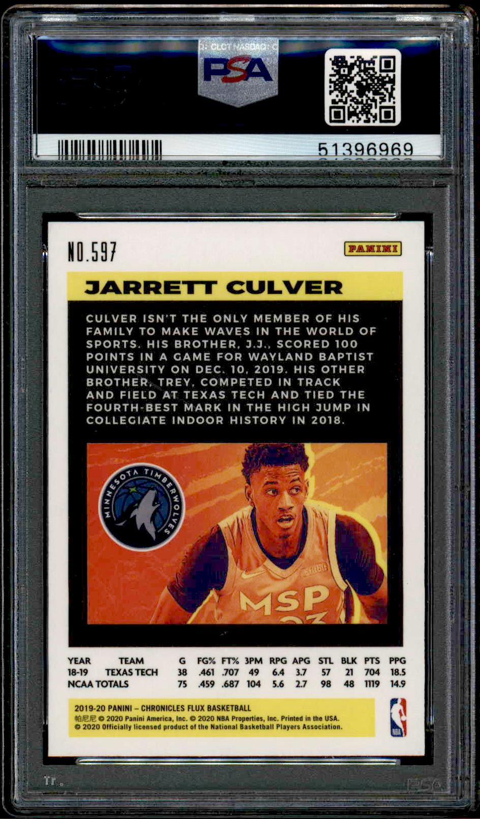 2019 Panini Chronicles Jarrett Culver #597 (PSA 10) (Back)