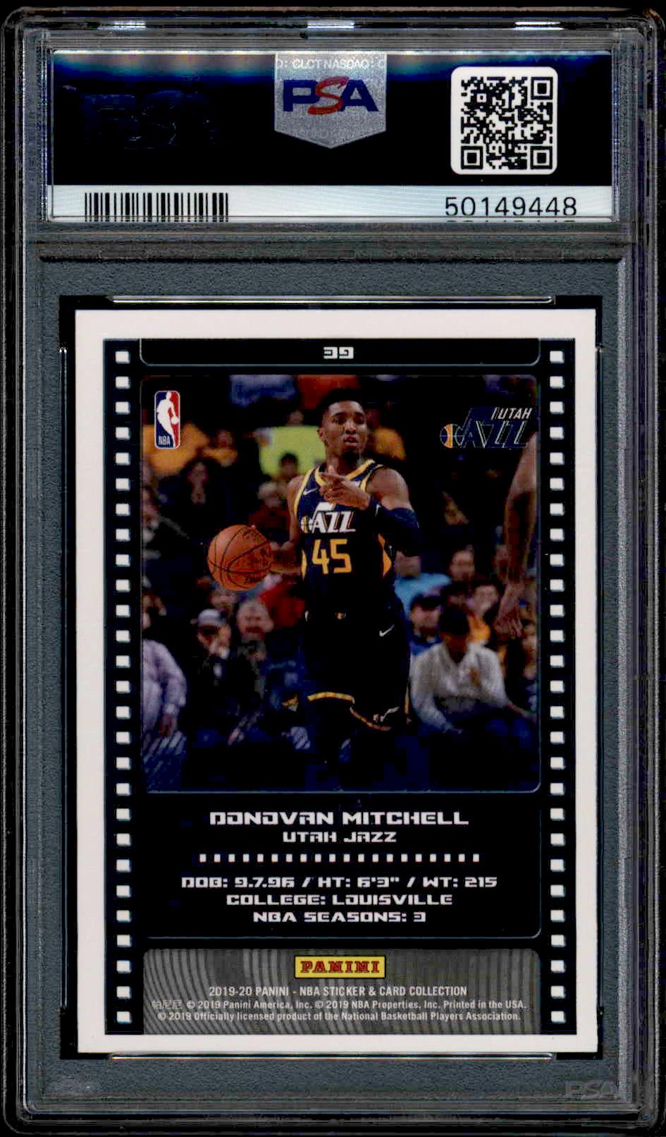 2019 Panini Stickers Cards Donovan Mitchell Silver #39 (PSA 6) (Back)