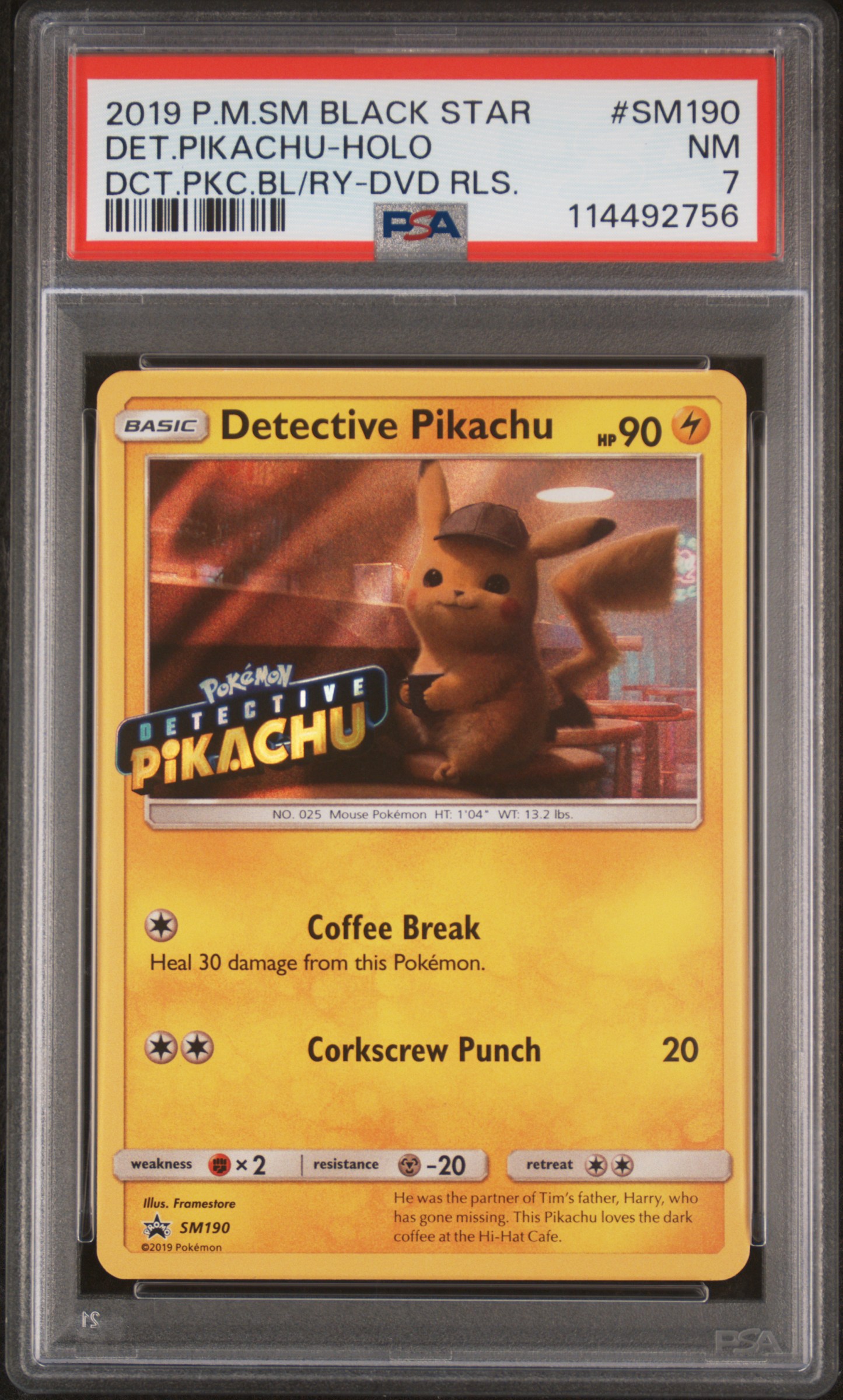 Detective Pikachu 2019 Holofoil Promo Card #SM190, PSA 7, from DVD/Blu-ray release.