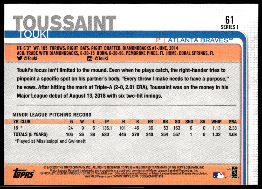 2019 Topps Series 1 Touki Toussaint #61 (Back)
