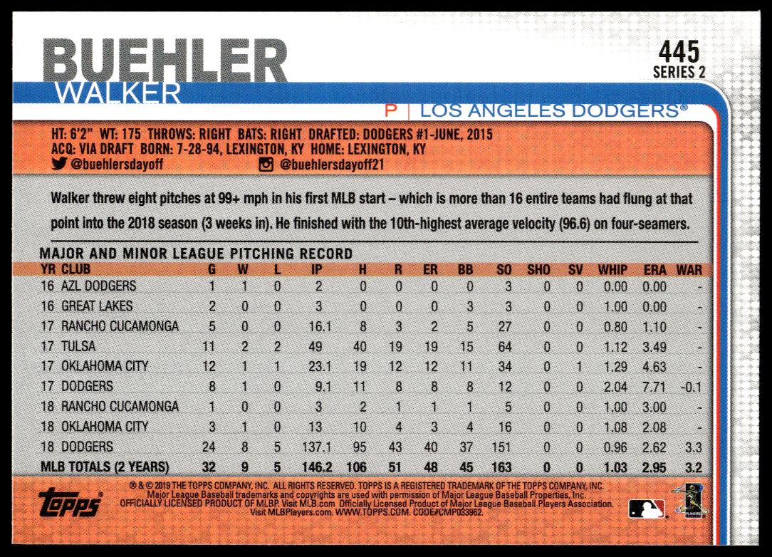 2019 Topps Series 2 Walker Buehler #445 (Back)