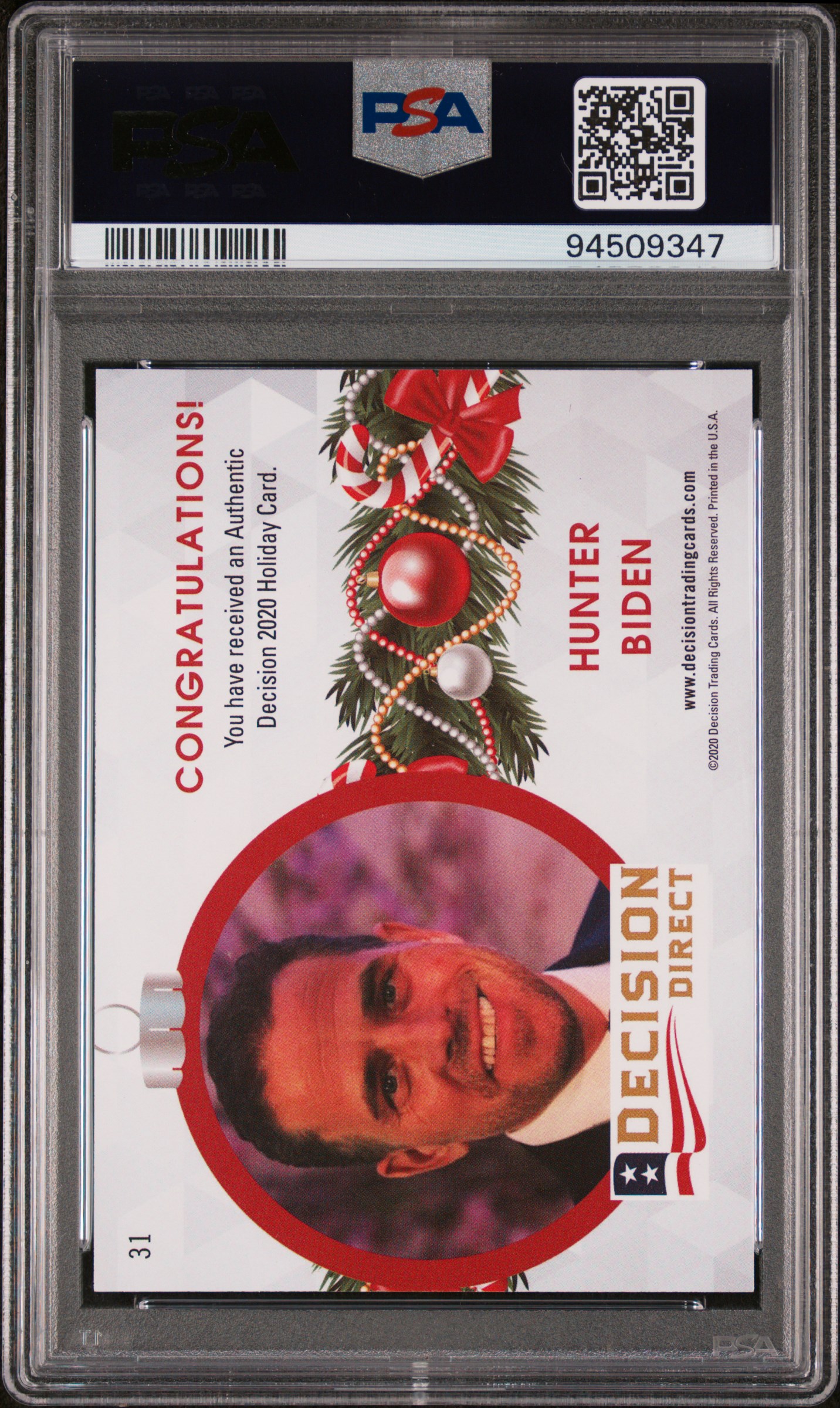 Hunter Biden 2020 Gold Foil Card, PSA 10, Holiday Edition, Back View, Festive Design.