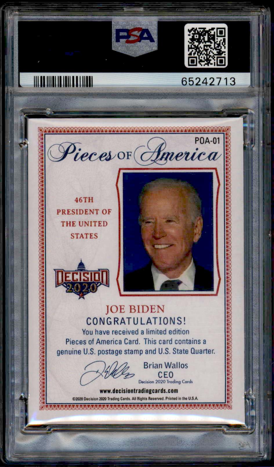 2020 Leaf Joe Biden card back, PSA 8, limited to 20 copies, political details included.