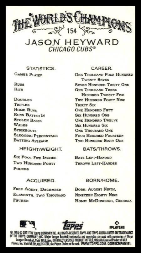 2021 Topps Allen & Ginter Jason Heyward Mini A & G Back #154 (Back)