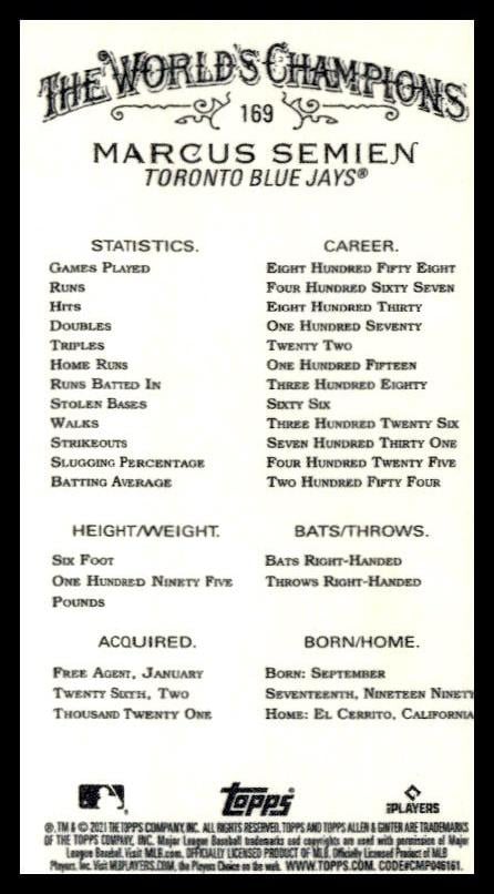 2021 Topps Allen & Ginter Marcus Semien Mini #169 (Back)