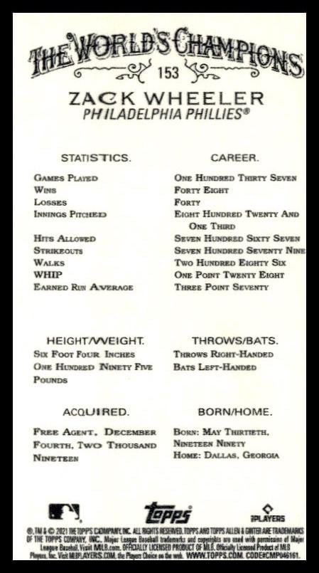 2021 Topps Allen & Ginter Zack Wheeler Mini #153 (Back)
