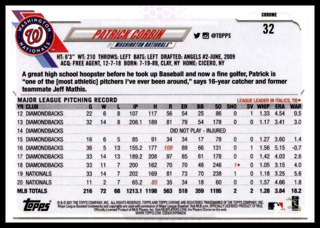 2021 Topps Chrome Patrick Corbin X-Fractor #32 (Back)