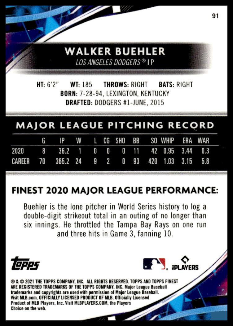 2021 Topps Finest Walker Buehler #91 (Back)