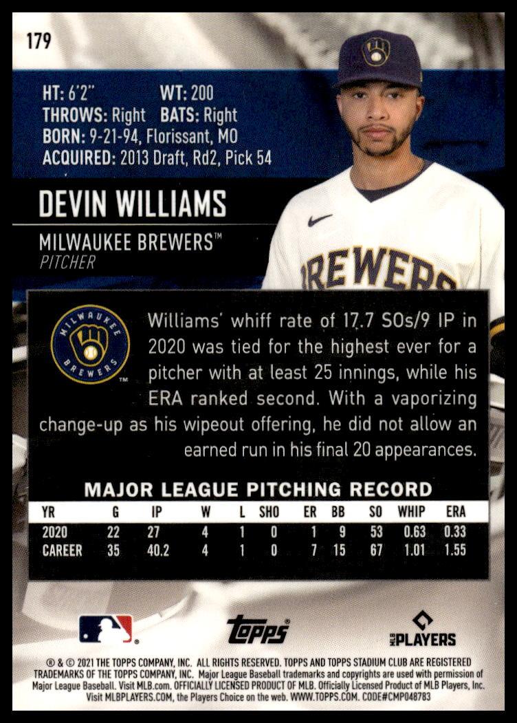 2021 Topps Stadium Club Chrome Devin Williams #179 (Back)