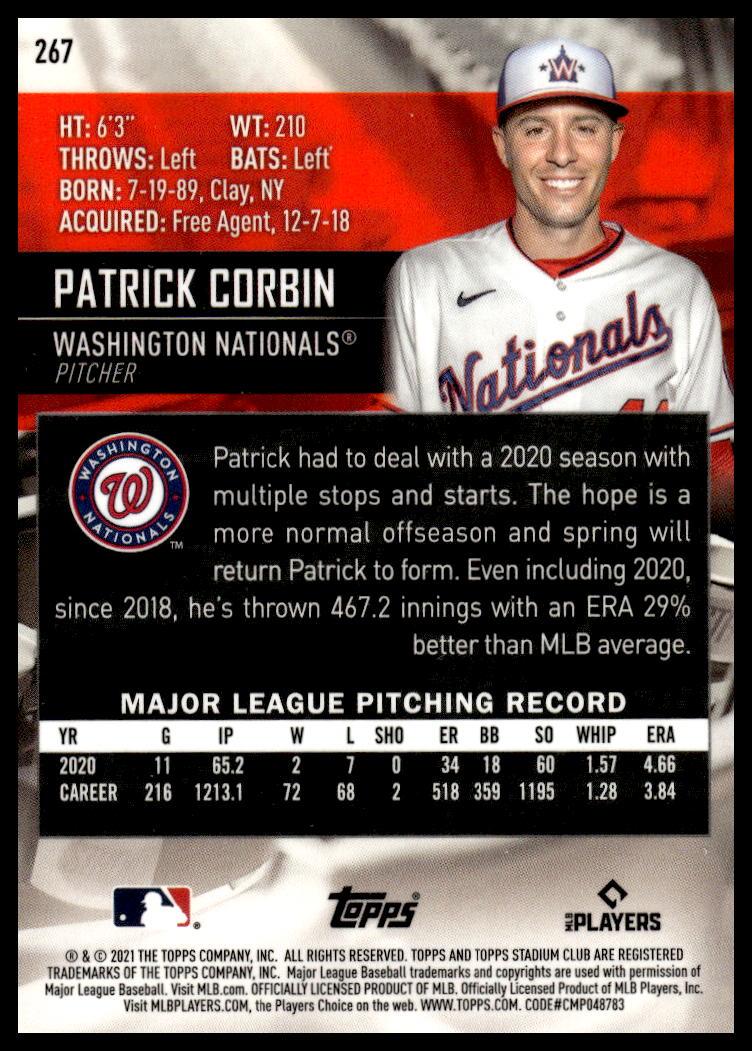 2021 Topps Stadium Club Chrome Patrick Corbin #267 (Back)