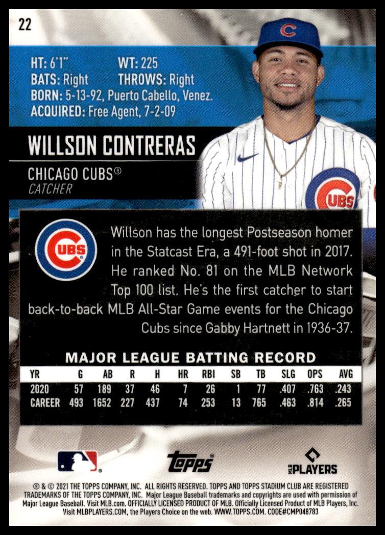 2021 Topps Stadium Club Chrome Willson Contreras #22 (Back)