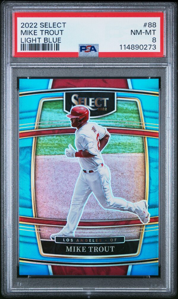 Mike Trout 2022 Panini Select Light Blue Card #88 PSA 8 Front View