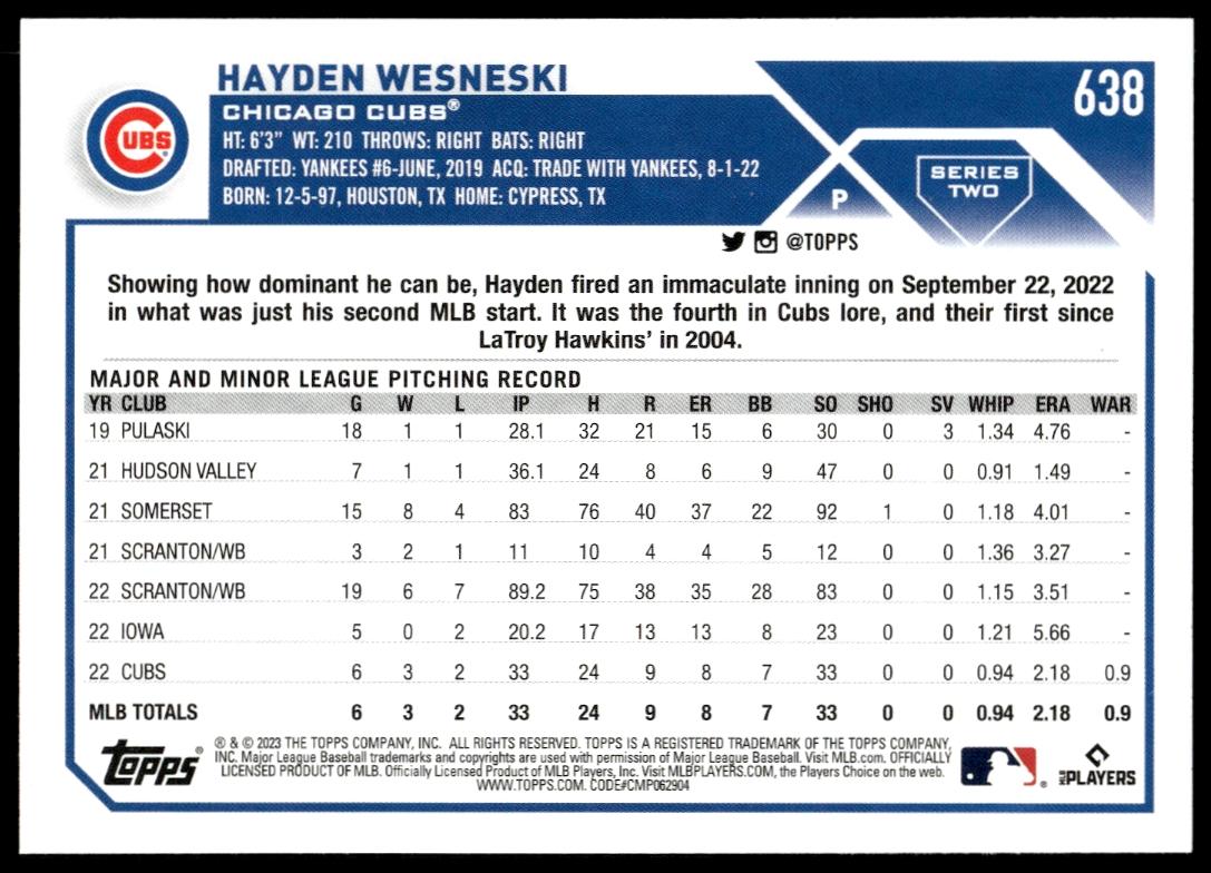 2023 Topps Series 2 Hayden Wesneski #638 (Back)