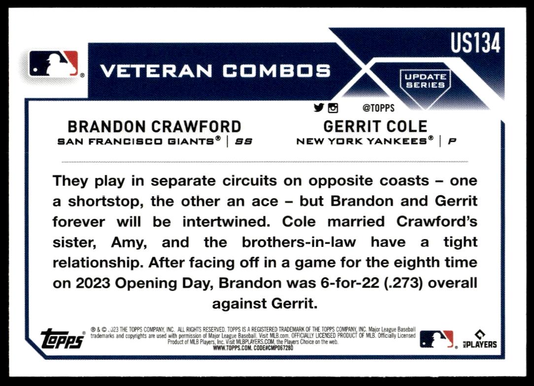 2023 Topps Update Family Business (Brandon Crawford / Gerrit Cole) #US134 (Back)
