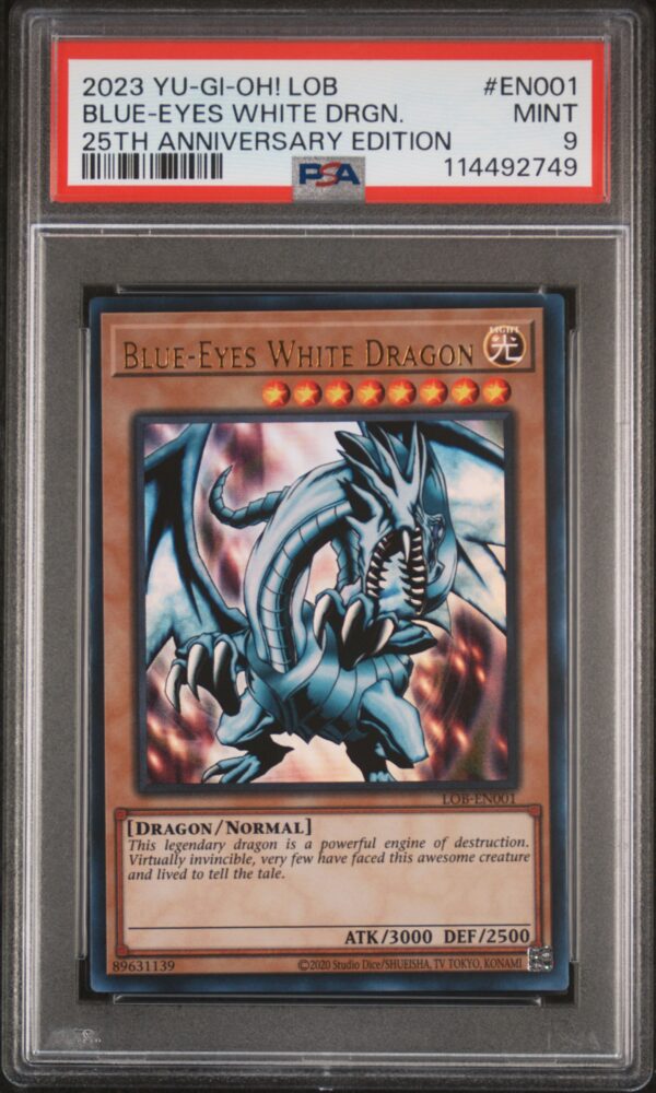 Yu-Gi-Oh! 25th Anniversary Blue-Eyes White Dragon Card PSA 9, Iconic Artwork.