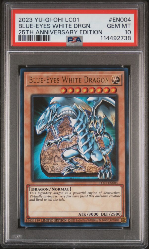 Blue-Eyes White Dragon 2023 PSA 10, 25th Anniversary Edition, Legendary Collection, front view.