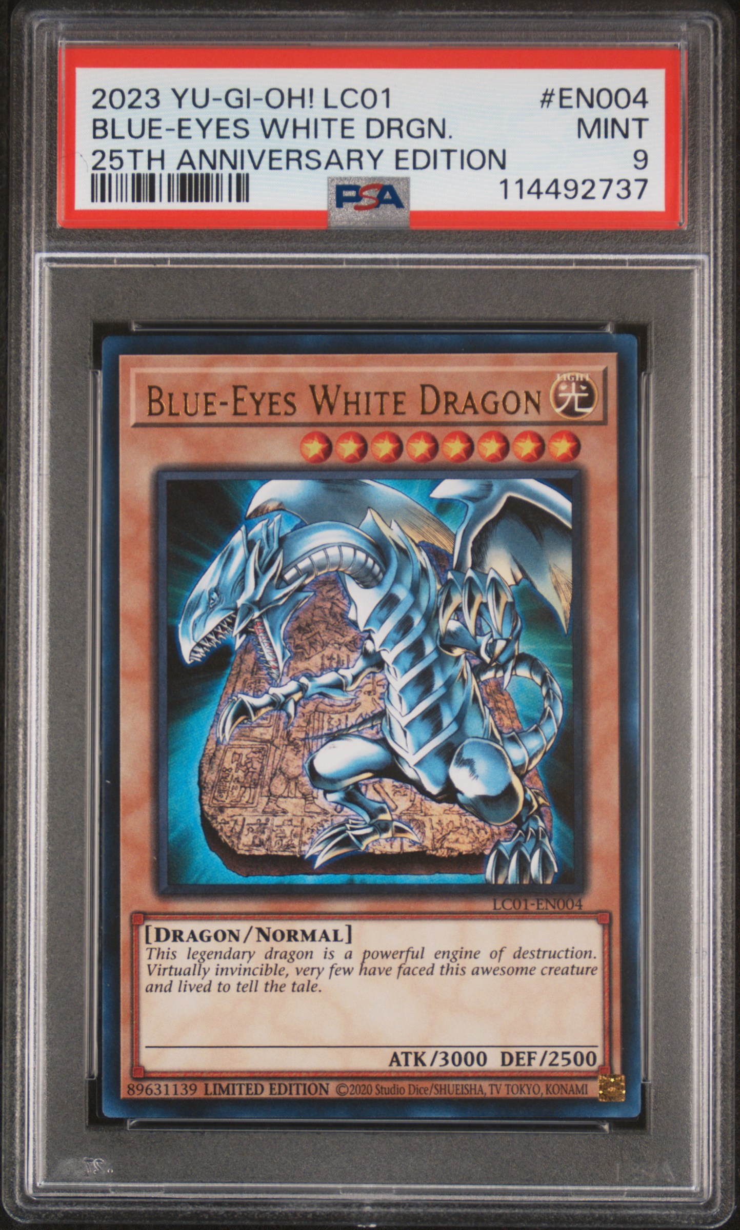 Blue-Eyes White Dragon 25th Anniversary PSA 9 Card From 2023 Yu-Gi-Oh! Collection.