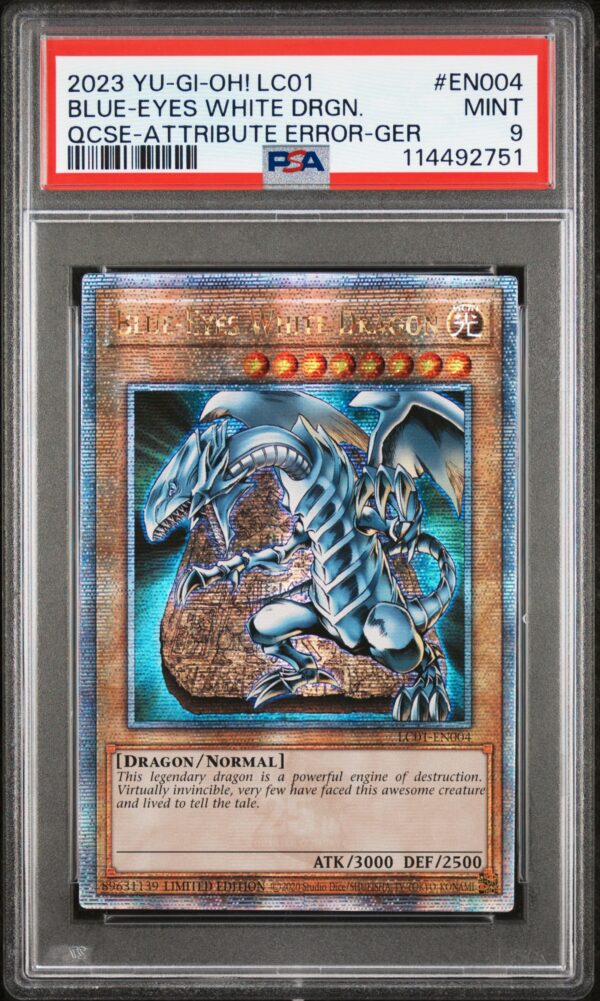 Blue-Eyes White Dragon 25th Anniversary Card, PSA 9, GER Error, Secret Rare, 2023 Yu-Gi-Oh!