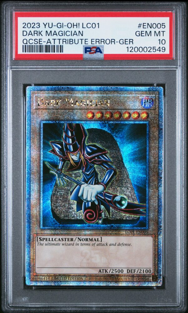PSA 10 Dark Magician card with front attribute error GER from 25th Anniversary Collection.