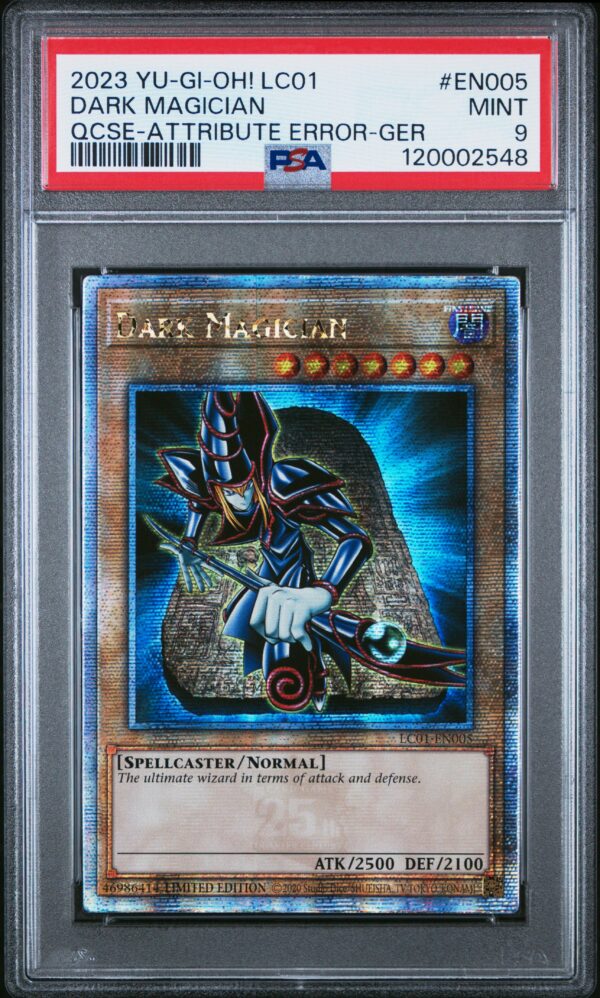 2023 Yu-Gi-Oh! Dark Magician 25th Anniversary Error Card, PSA 9, Secret Rare.