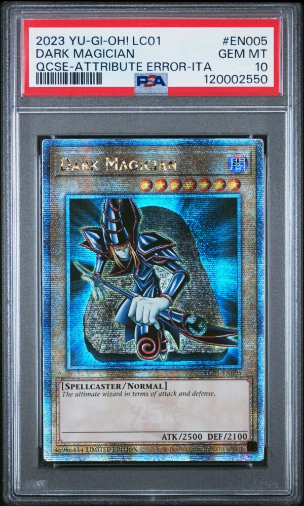 2023 Yu-Gi-Oh! Dark Magician Rare Card with Front Error, PSA 10, 25th Anniversary Edition.
